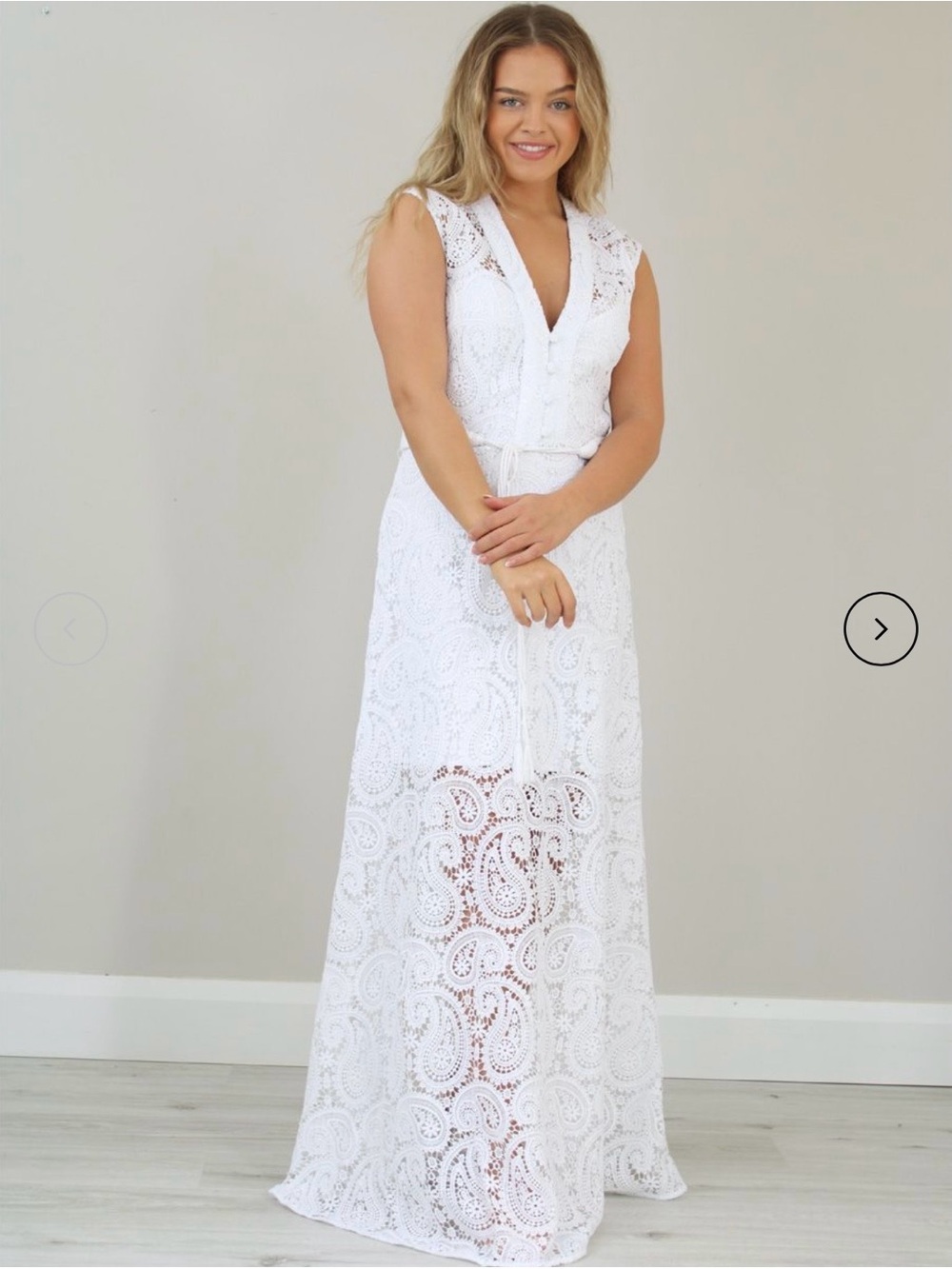Guess Creta White Lace  Belted Maxi Dress with V-Neck NWT
